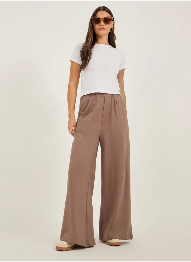 Styli Solid Elasticated Waistband Wide Leg Joggers with Pockets