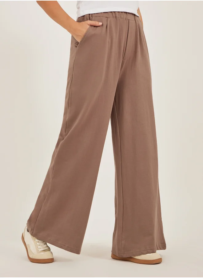 Styli Solid Elasticated Waistband Wide Leg Joggers with Pockets