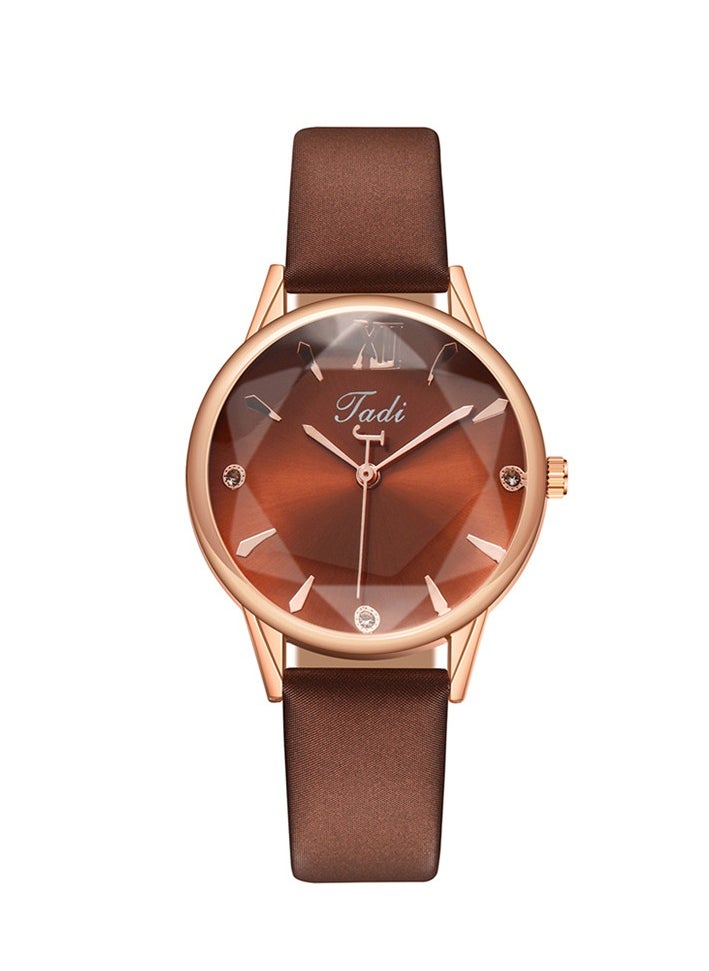 Generic Fashion Roman pattern diamond ladies watch quartz leather belt Women's watch brown  - Image 1