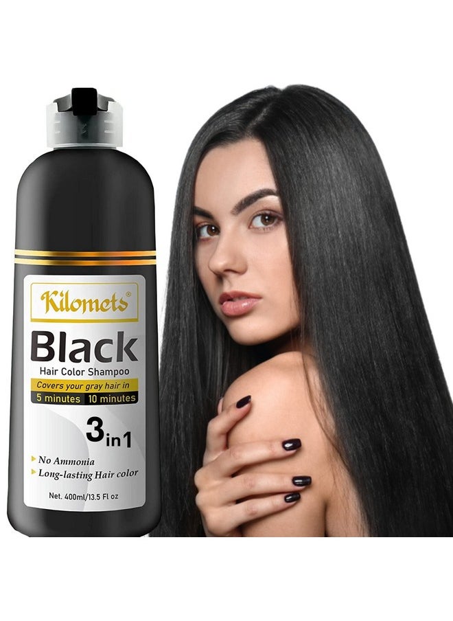 KILOMETS - Black Hair Dye Shampoo 400Ml 100% Grey Coverage In Minutes Ammonia Free Hair Color Shampoo Cover Gray Silver Hair Instant Darkening Coloring At Home Gift For Mom Dad - Image 1