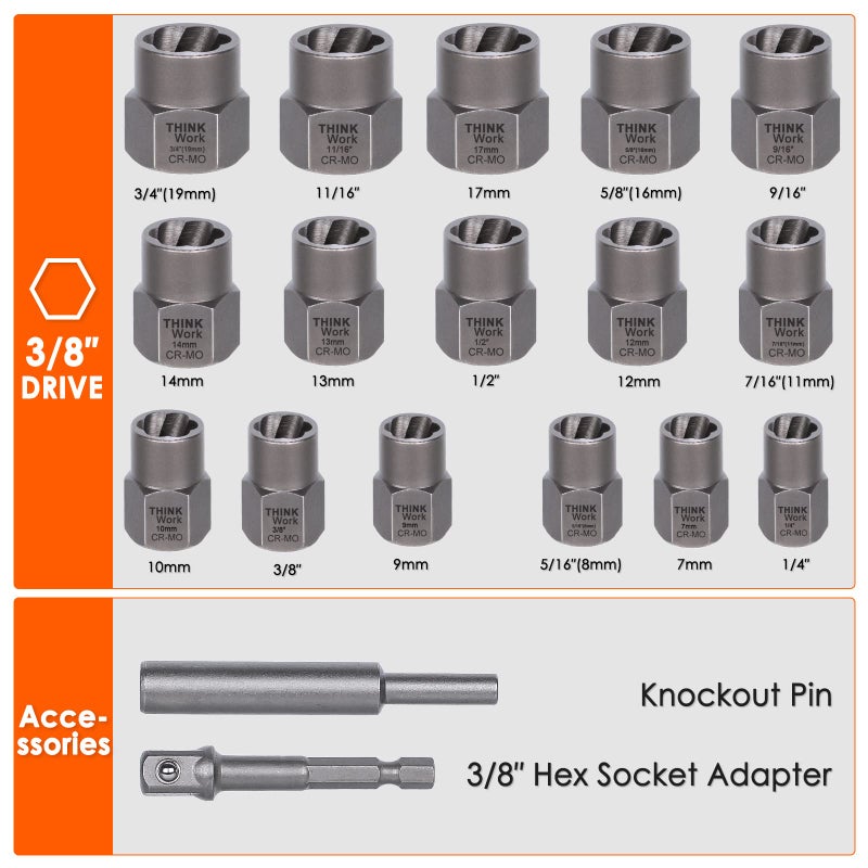 THINKWORK Bolt Extractor Kit, 18-Piece Nut Extractor Socket Set, 3/8" Drive Rounded Bolt Remover, Lug Nut Removal Tool for Damaged, Rusted, Rounded-Off, Stripped Fasteners - Image 5