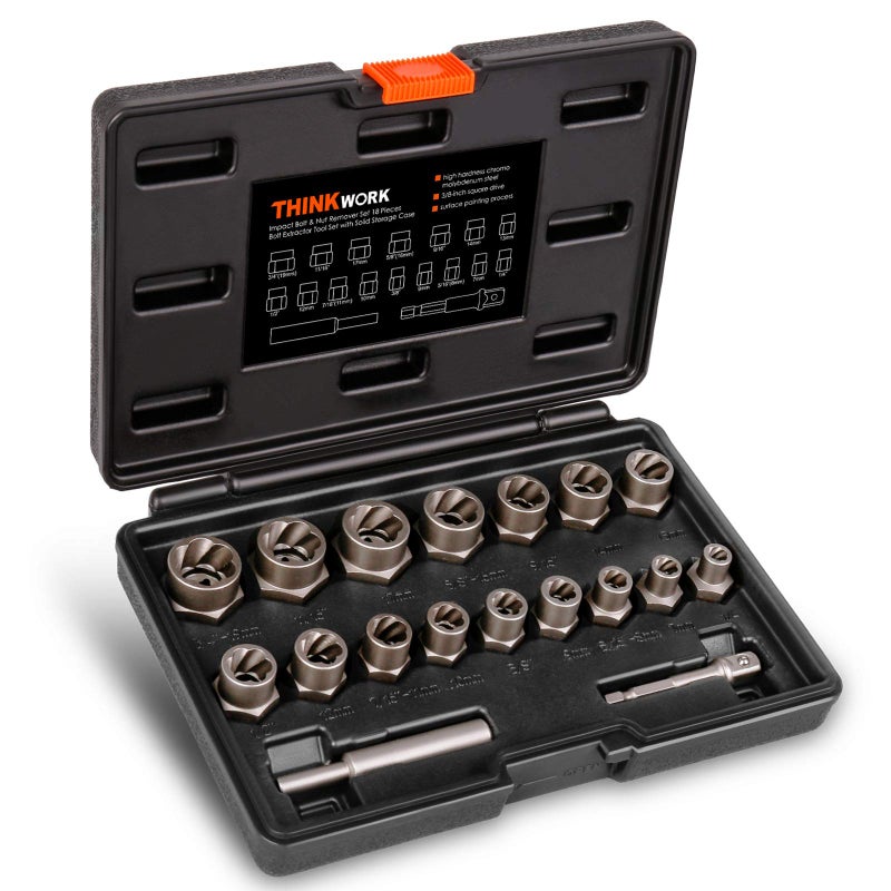 THINKWORK Bolt Extractor Kit, 18-Piece Nut Extractor Socket Set, 3/8" Drive Rounded Bolt Remover, Lug Nut Removal Tool for Damaged, Rusted, Rounded-Off, Stripped Fasteners - Image 1