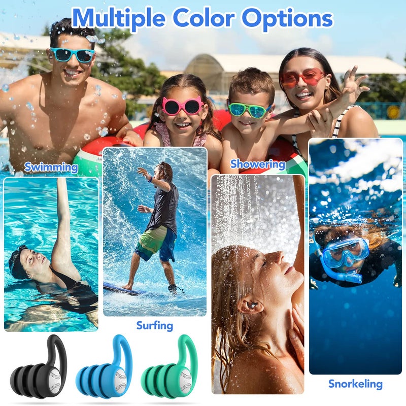 WLSCTY Swimming Ear Plugs Waterproof Earplugs - 3 Pairs Silicone Swim Ear Plugs for Adult Kids, Water Sports Earplugs for Showering, Bathing, Surfing - Keep Ear Water Out (Black, Blue, Green, One Size) - Image 5
