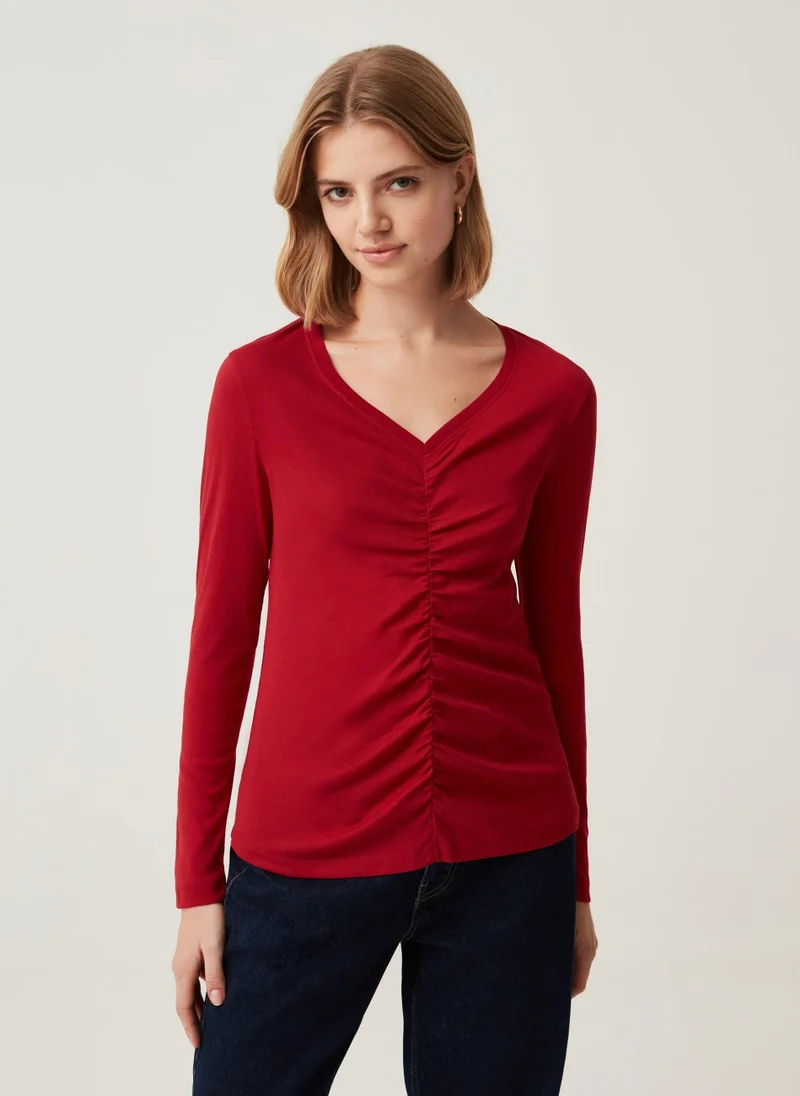 او في اس Ovs Womens T-Shirt With V Neckline And Gathering