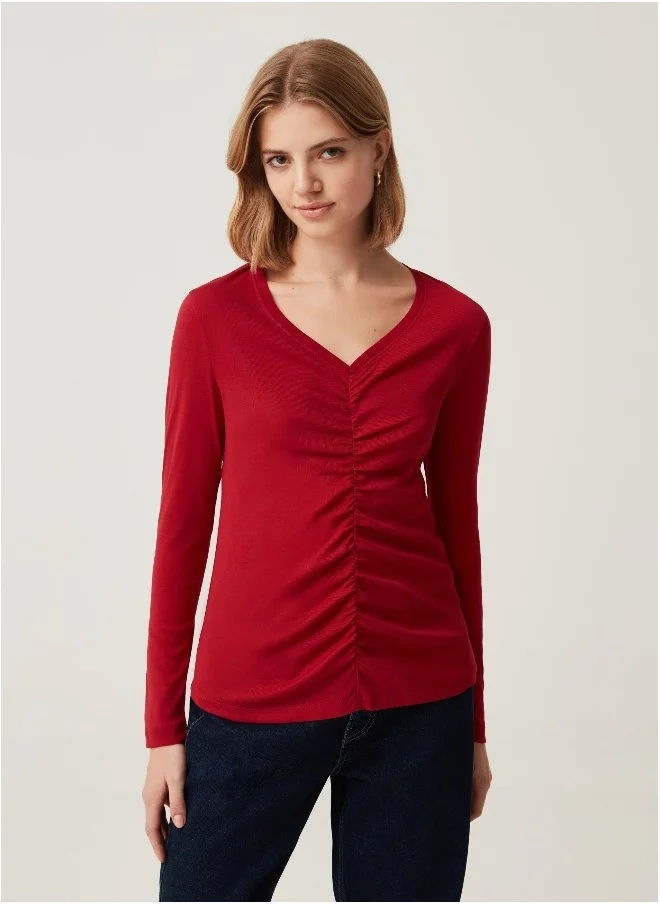 Ovs Ovs Womens T-Shirt With V Neckline And Gathering