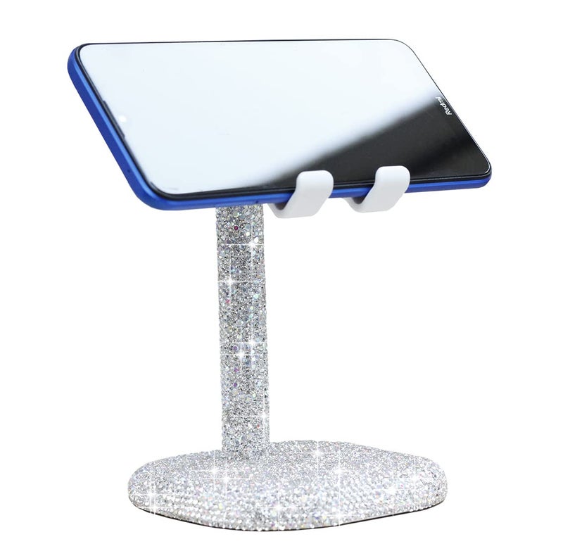 CARCHILE Bling Rhinestone Crystal Phone Stand, Adjustable Cell Phone Stand, Phone Holder for Desk, Desktop Holder, Cradle Compatible with iPhone Samsung Smartphones SL (White) - Image 1