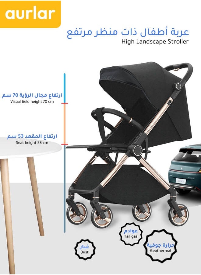 الأورلار - عربة أطفال فاخرة ذات منظر مرتفع مع مقبض قابل للطي وعكس الاتجاه، تصميم مضاد للتقلب، امتصاص للصدمات، مقبض جلدي، مناسبة للأطفال من 0-3 سنوات، باللون الأسود - Image 1