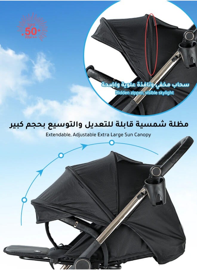 الأورلار - عربة أطفال فاخرة ذات منظر مرتفع مع مقبض قابل للطي وعكس الاتجاه، تصميم مضاد للتقلب، امتصاص للصدمات، مقبض جلدي، مناسبة للأطفال من 0-3 سنوات، باللون الأسود - Image 1