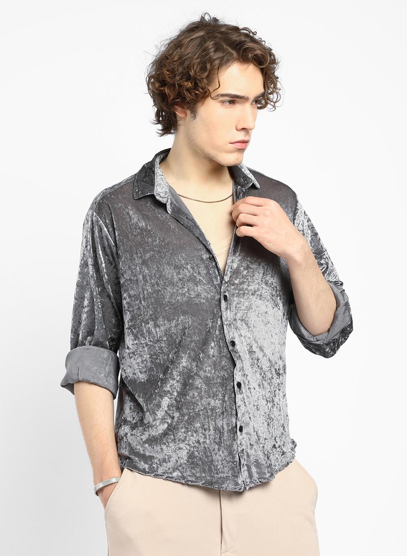 Campus Sutra Men's Moon Grey Solid Velvet Shirt - Image 3