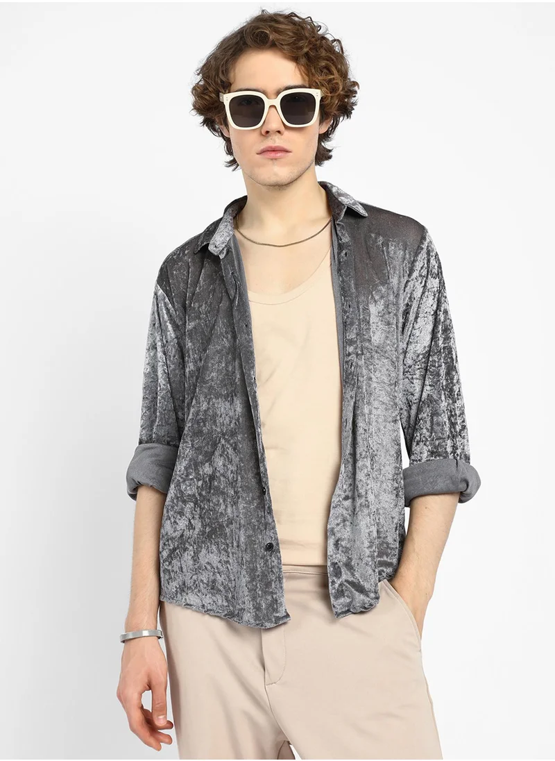 Campus Sutra Men's Moon Grey Solid Velvet Shirt