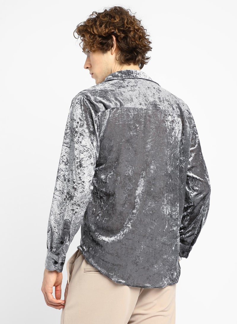 Campus Sutra Men's Moon Grey Solid Velvet Shirt - Image 5