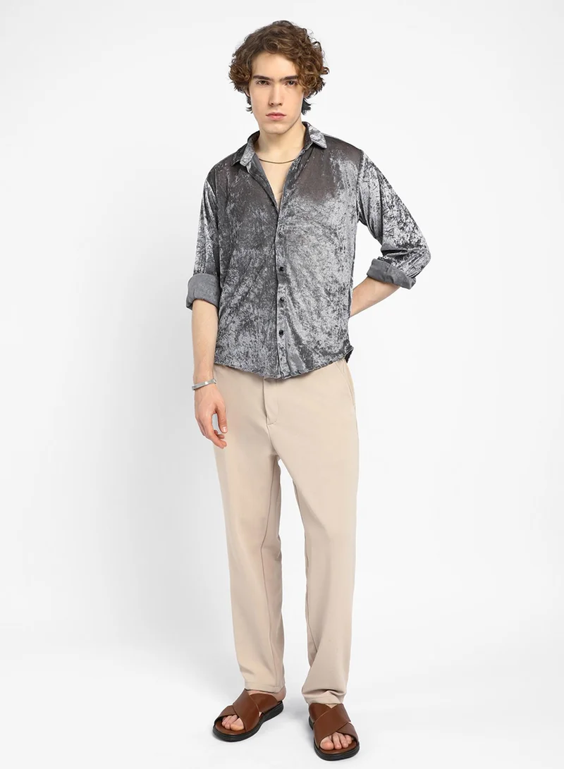 Campus Sutra Men's Moon Grey Solid Velvet Shirt