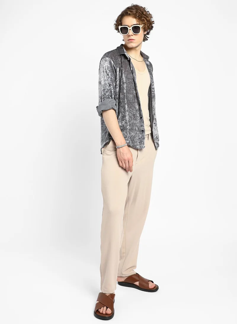 Campus Sutra Men's Moon Grey Solid Velvet Shirt