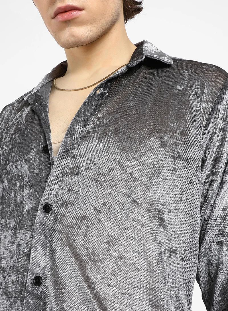 Campus Sutra Men's Moon Grey Solid Velvet Shirt