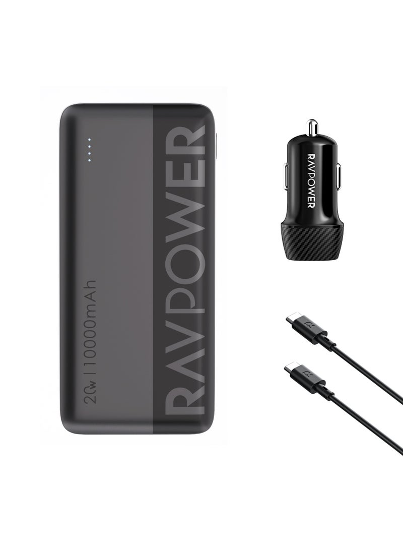 RAVPOWER 10000 mAh Car Charging Combo 10000mAh Power Bank 20W Fast Car Charger USB-C 60W Cable Portable Charging Kit for iPhone Samsung Galaxy RP-VC1014 black - Image 1