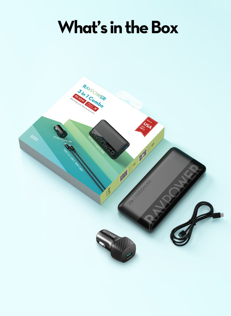 RAVPOWER 10000 mAh Car Charging Combo 10000mAh Power Bank 20W Fast Car Charger USB-C 60W Cable Portable Charging Kit for iPhone Samsung Galaxy RP-VC1014 black - Image 2