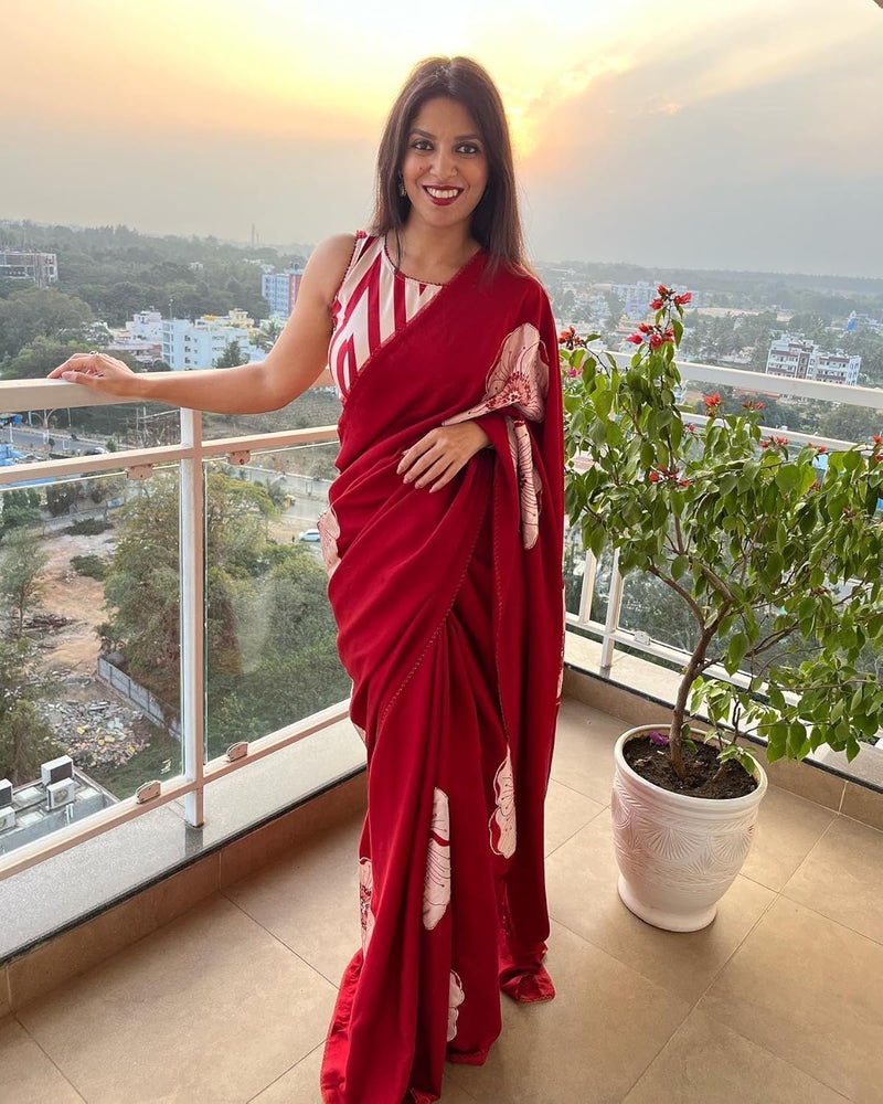 Sidhidata Women's Soft Satin Flower Printed Saree with Unstitched Blouse Piece in Pradhya Red - Image 2