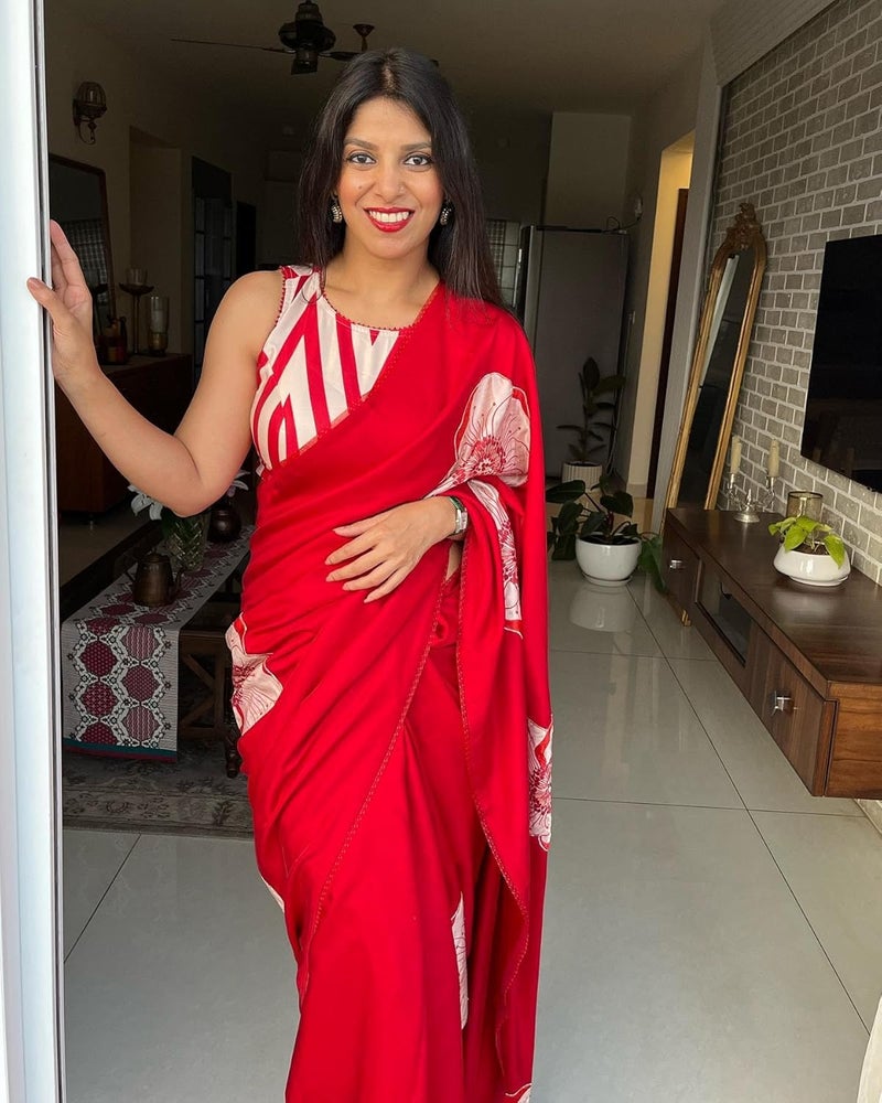 Sidhidata Women's Soft Satin Flower Printed Saree with Unstitched Blouse Piece in Pradhya Red - Image 3