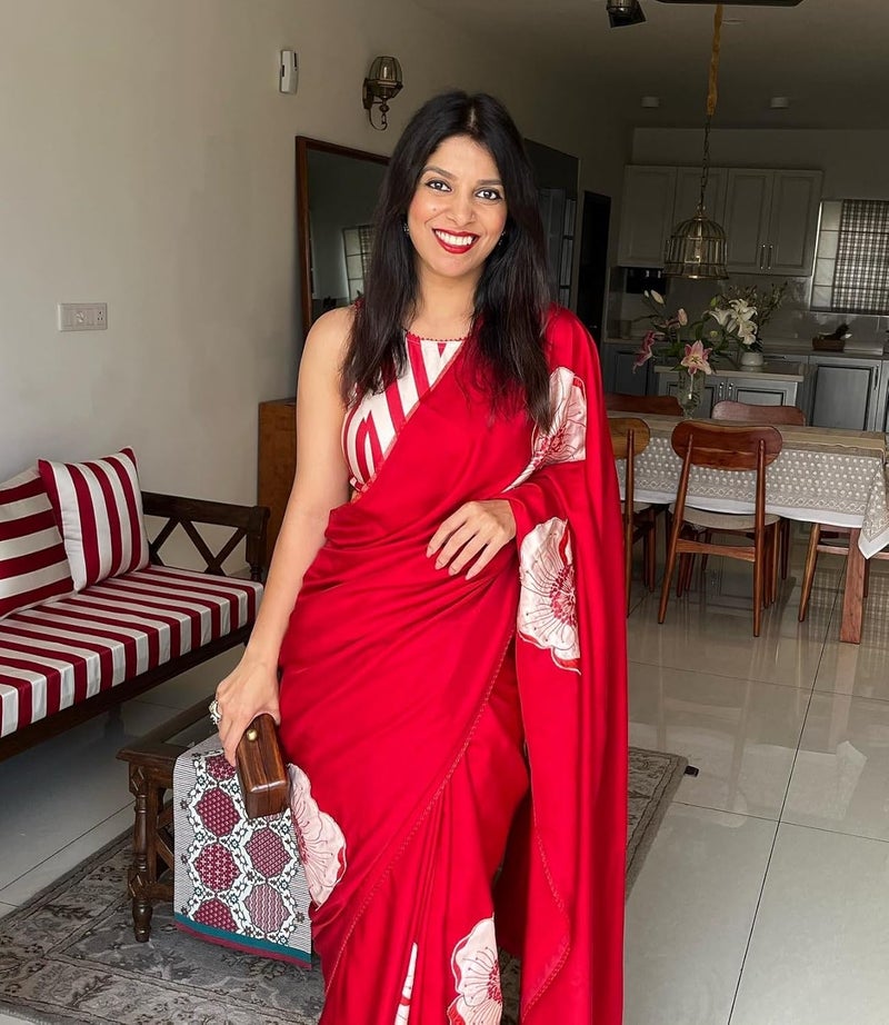 Sidhidata Women's Soft Satin Flower Printed Saree with Unstitched Blouse Piece in Pradhya Red - Image 5