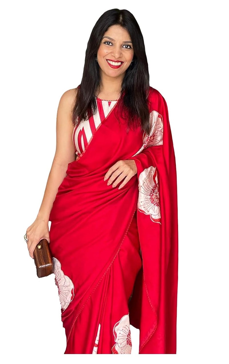 Sidhidata Women's Soft Satin Flower Printed Saree with Unstitched Blouse Piece in Pradhya Red - Image 1