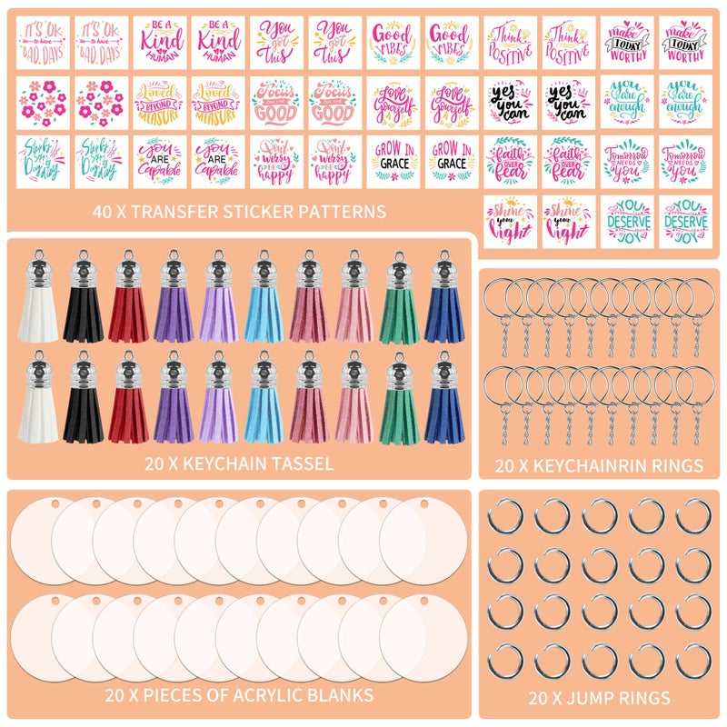 CRASHOT Acrylic Keychain Blanks & Stickers - 40pcs Inspirational UV DTF Transfer Stickers, 20pcs Clear Acrylic Blanks, Keychain Tassels, Rings & Jump Rings for DIY Keychain Crafts - Image 2