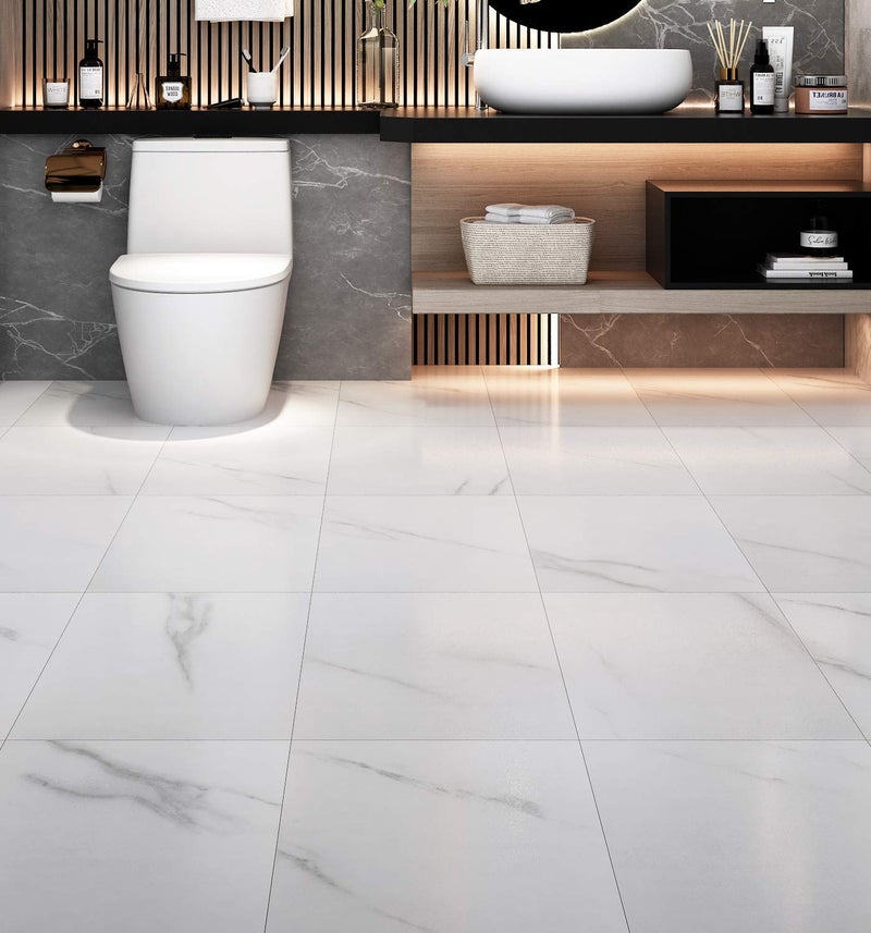 Livelynine Peel and Stick Floor Tile Stickers Waterproof Vinyl Flooring White Marble Vinyl Tiles for Kitchen Bedroom White Laminate Flooring Bathroom Linoleum Flooring Sheet Adhesive 12X12 Inch 4Pack