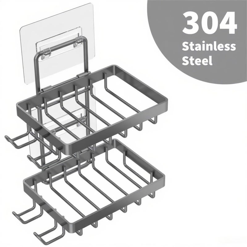 Moforoco Grey Double Soap Bar Holder For Shower  No Drilling  304 Rustproof Stainless Steel  Wall Mounted Soap Holder With 4 Hooks And Razor Holder  Shower Rack Soap Tray Bar Soap For Bathroom - Image 2