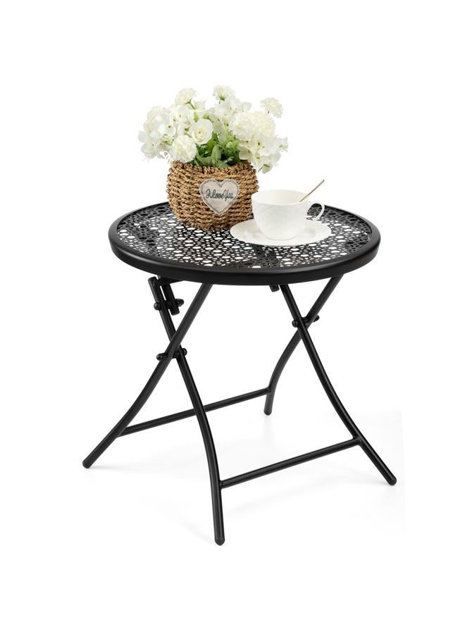 TeoKJ Folding Small Outdoor Side Tables, Anti Rust Small Patio Table Round Metal Nightstand with Flower Cutouts for Porch Yard Balcony Deck Lawn, Black - Image 1