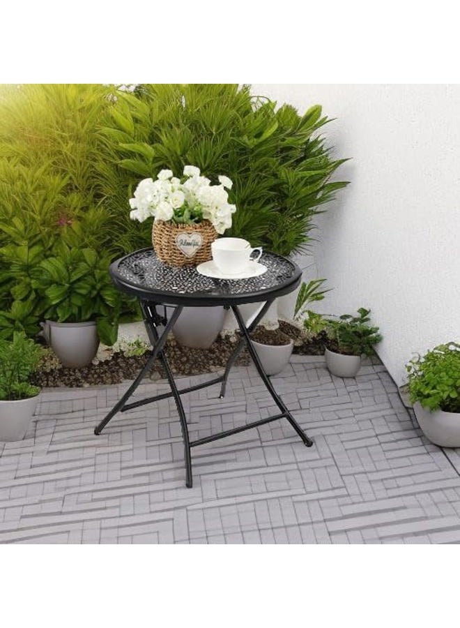 TeoKJ Folding Small Outdoor Side Tables, Anti Rust Small Patio Table Round Metal Nightstand with Flower Cutouts for Porch Yard Balcony Deck Lawn, Black - Image 5