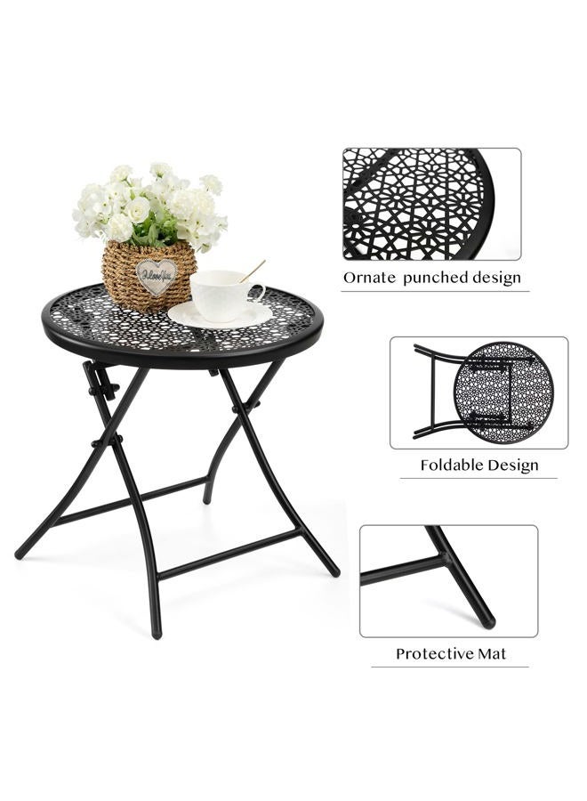 TeoKJ Folding Small Outdoor Side Tables, Anti Rust Small Patio Table Round Metal Nightstand with Flower Cutouts for Porch Yard Balcony Deck Lawn, Black - Image 3
