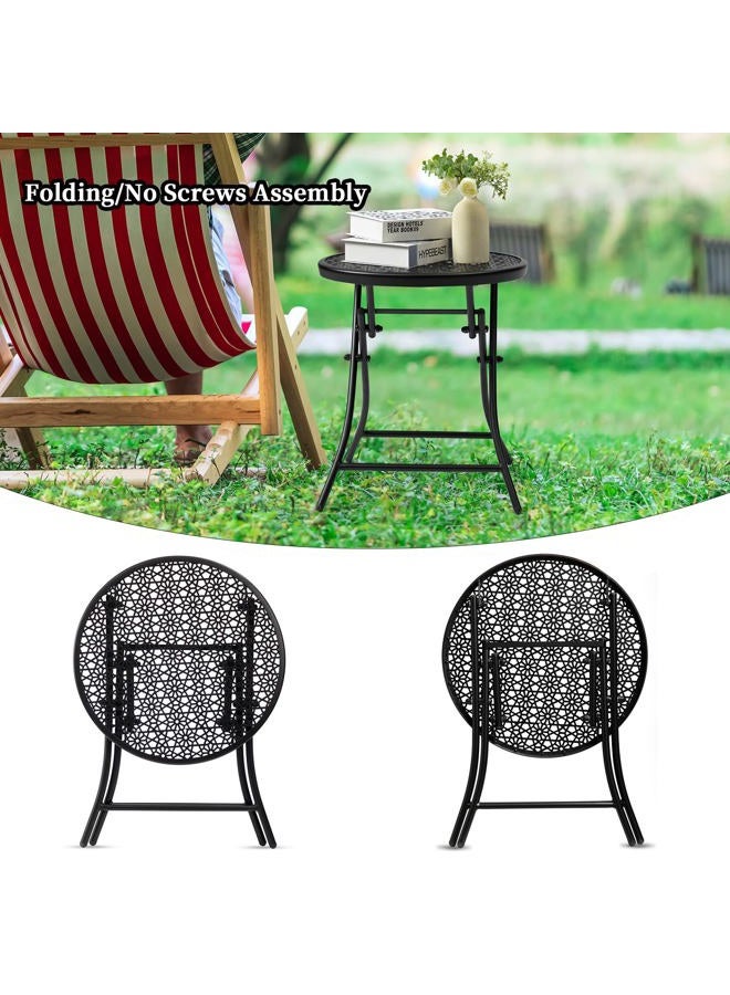 TeoKJ Folding Small Outdoor Side Tables, Anti Rust Small Patio Table Round Metal Nightstand with Flower Cutouts for Porch Yard Balcony Deck Lawn, Black - Image 2
