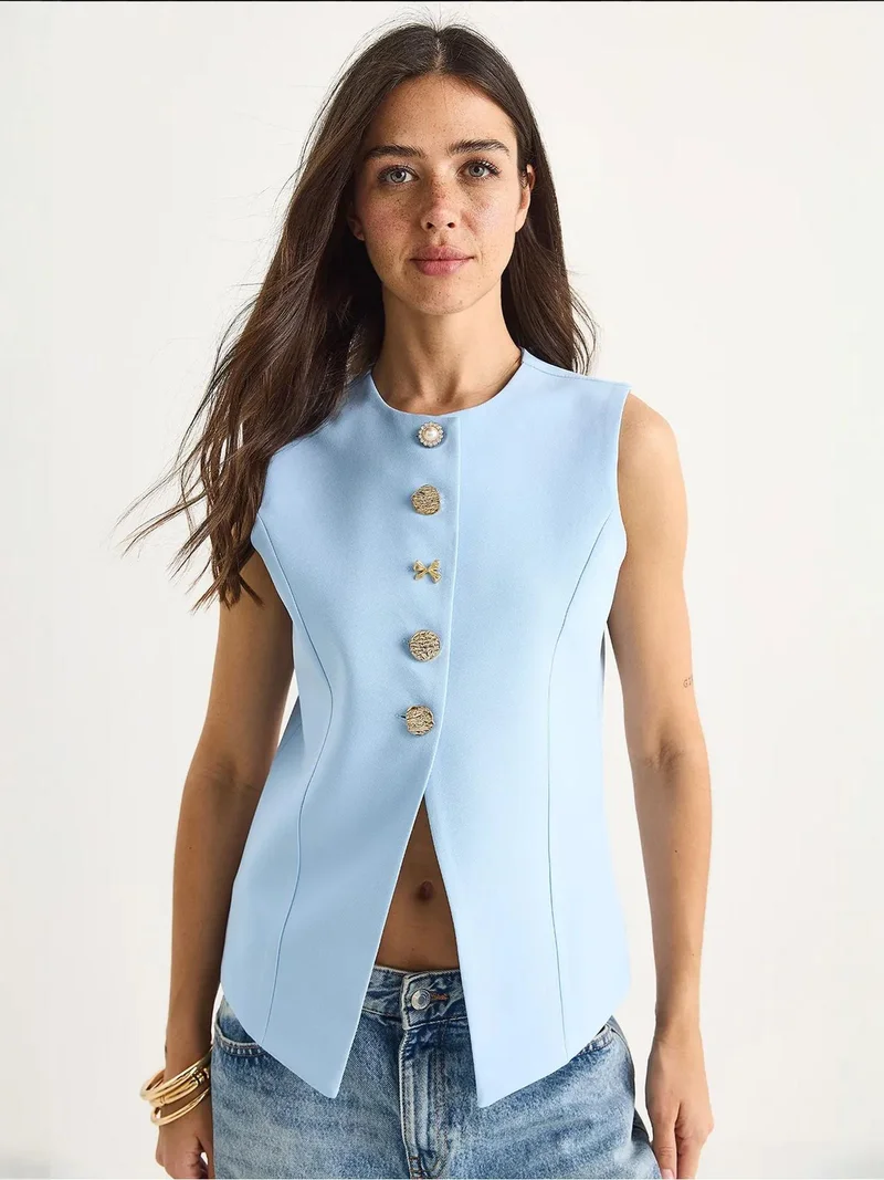 Bianco Lucci LUCCI Fitted Button Closure Waistcoat with Shirt Collar