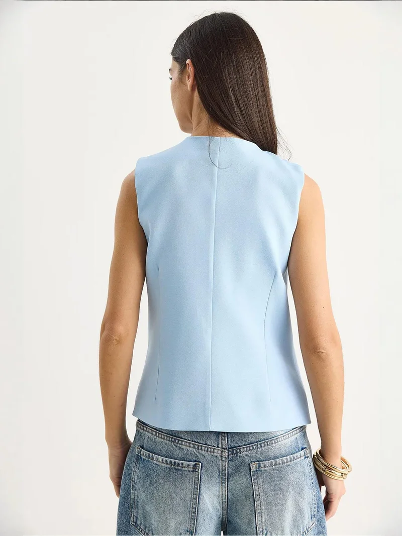 Bianco Lucci Baby Blue Fitted Sleeveless Button-Front Waistcoat with Crew Neck for Women | Best Price UAE