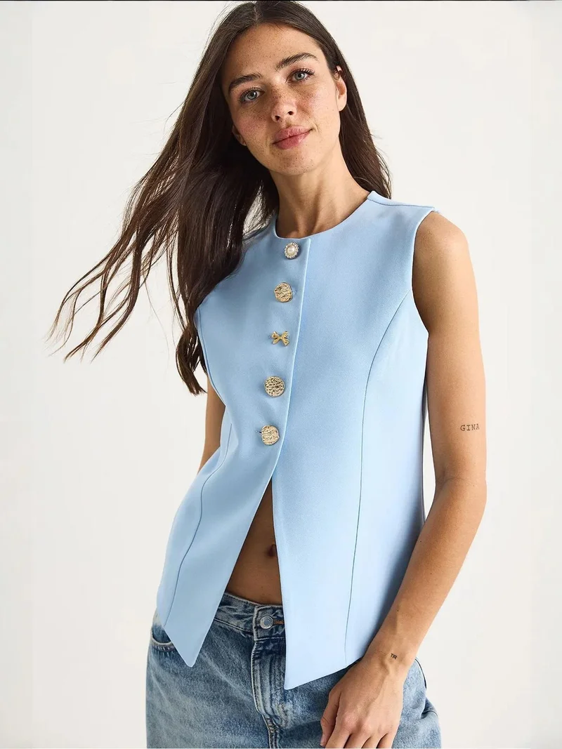Bianco Lucci Baby Blue Fitted Sleeveless Button-Front Waistcoat with Crew Neck for Women | Best Price UAE