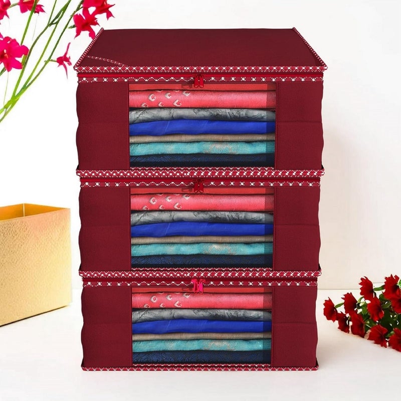 Kuber Industries Kuber Industries Clothes Organizer For Wardrobe Pack of 3 Storage Organizer For Saree Shirts Salwar Suit Lehenga Dress Organizer For Wardrobe Saree Covers With Zip Maroon - Image 2