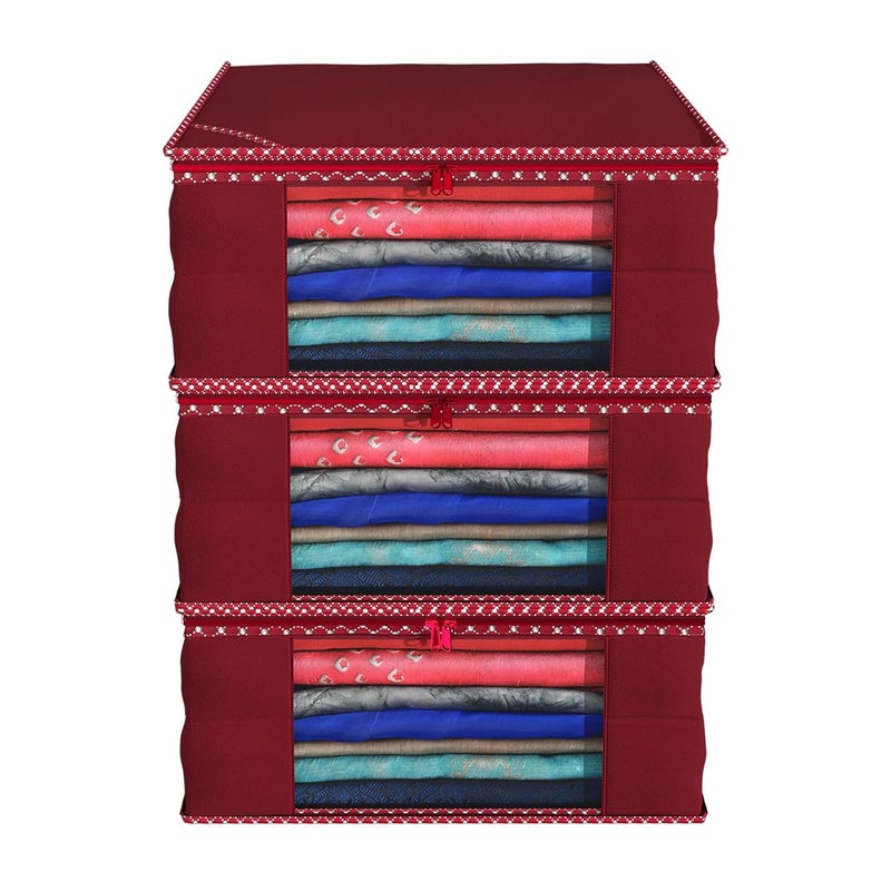 Kuber Industries Kuber Industries Clothes Organizer For Wardrobe Pack of 3 Storage Organizer For Saree Shirts Salwar Suit Lehenga Dress Organizer For Wardrobe Saree Covers With Zip Maroon - Image 1