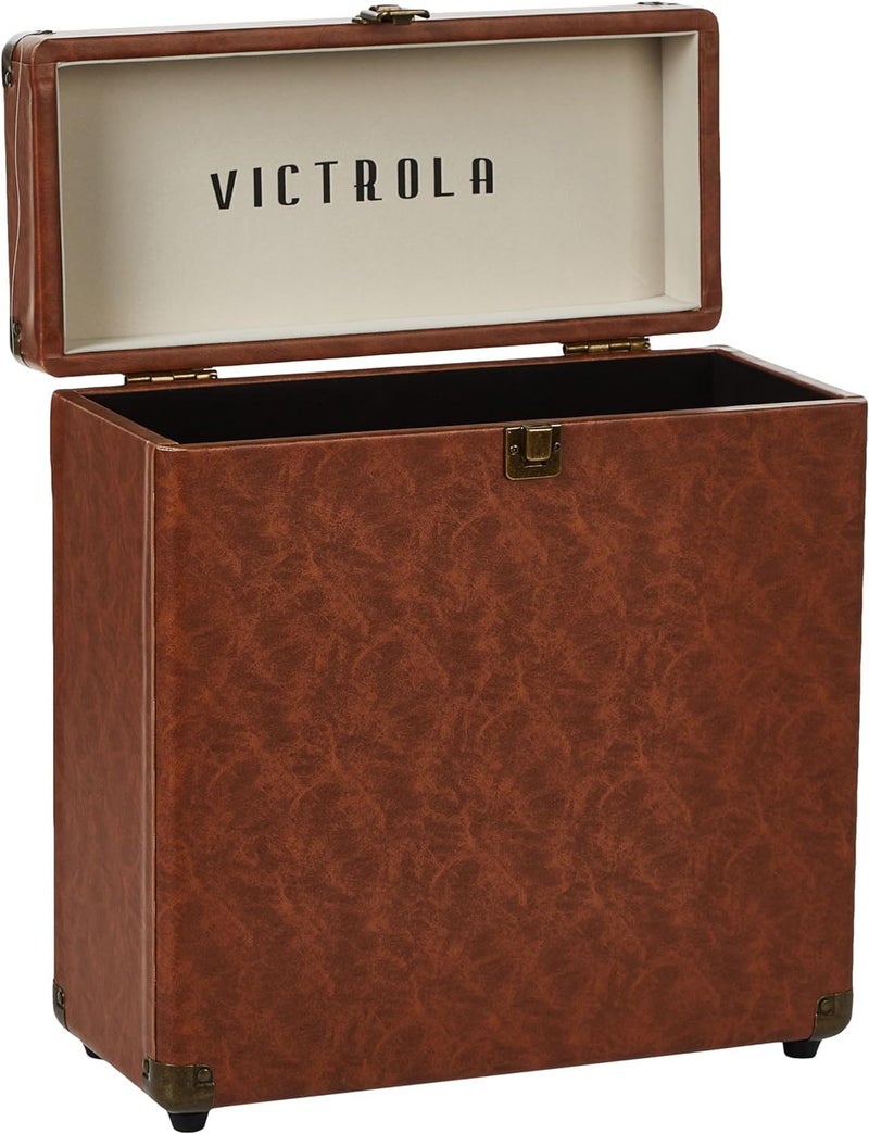 Victrola Collector – Record Storage Case – Holds 30+ Vinyl Turntable Records, Heavy-Duty Hardware, Hinges, & Smart Metal Corners, Portable with Easy-Carry Handle (Brown) - Image 1