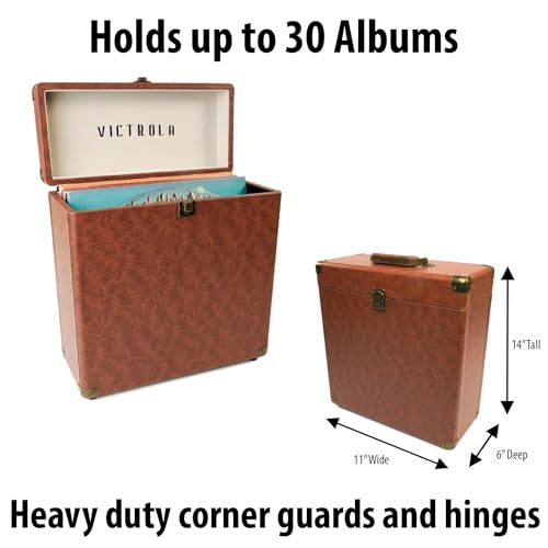 Victrola Collector – Record Storage Case – Holds 30+ Vinyl Turntable Records, Heavy-Duty Hardware, Hinges, & Smart Metal Corners, Portable with Easy-Carry Handle (Brown) - Image 3