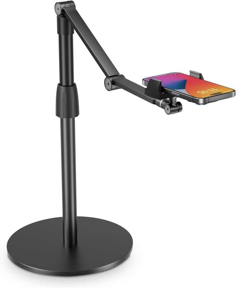Universal Smartphone Desk Stand with Dual Height Adjustment and Round Base Stability, Phone Holder for Online Lessons, Video Calls, Filming Content and Home Office Desk - Image 1