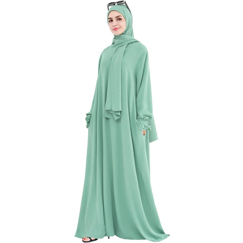 Khalat Women's Light Green One Size Long Sleeve Modest Abaya Dress with Hijab Scarf and Pocket - Image 1