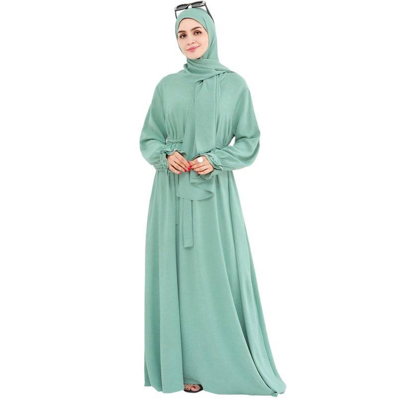 Khalat Women's Light Green One Size Long Sleeve Modest Abaya Dress with Hijab Scarf and Pocket - Image 2