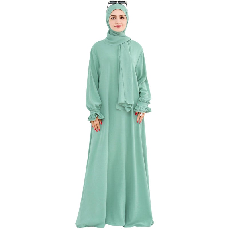 Khalat Women's Light Green One Size Long Sleeve Modest Abaya Dress with Hijab Scarf and Pocket - Image 5