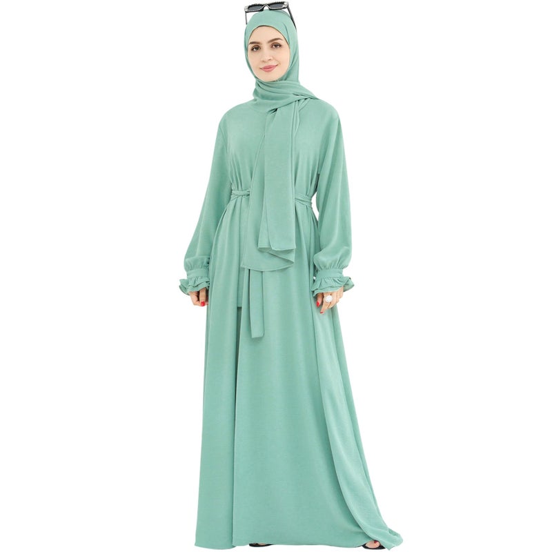Khalat Women's Light Green One Size Long Sleeve Modest Abaya Dress with Hijab Scarf and Pocket - Image 4