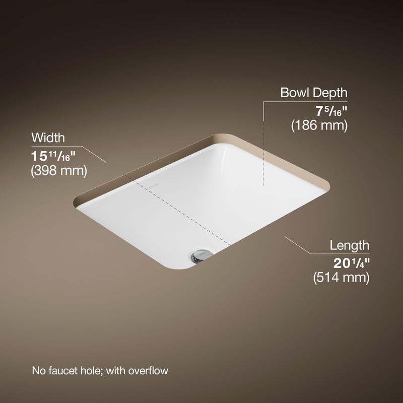 KOHLER 20000-0 Caxton Rectangle Undermount Bathroom Sink, Bathroom Vanity Sink with Overflow Drain, 20-1/4 L x 15-11/16 W, White - Image 3