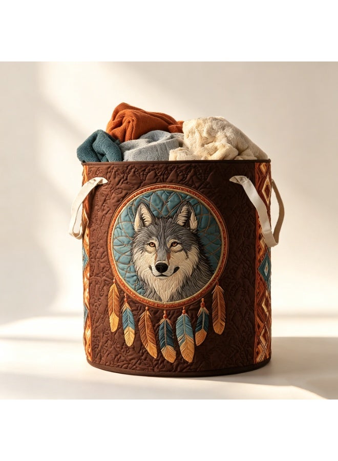 Wolf And Lion Quilted Laundry Basket – Bohemian Style – Gift For Mom – Rustic Storage Bin (Suitable For Dirty Laundry Or Home Organization) - Image 1