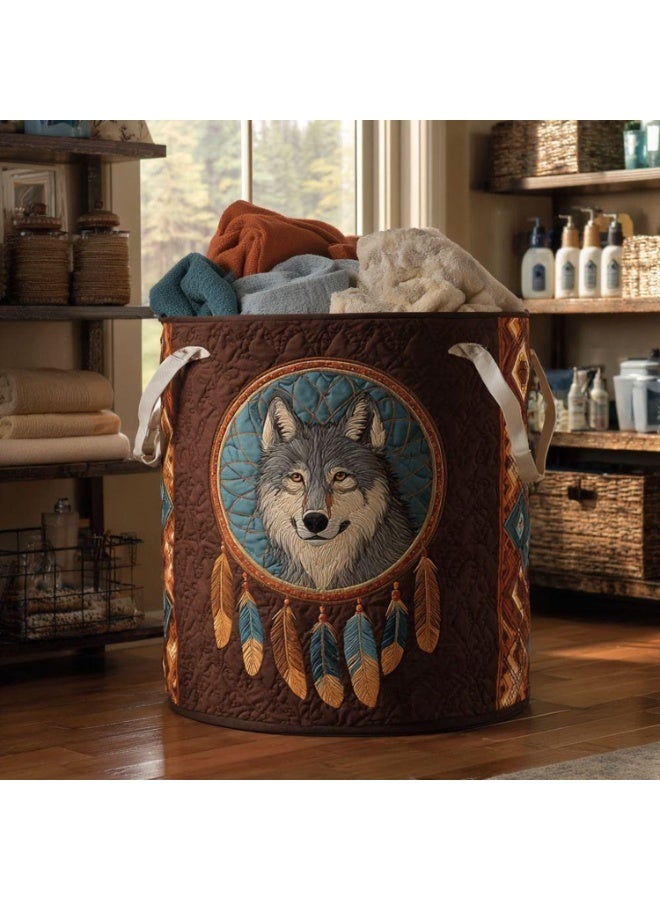 Wolf And Lion Quilted Laundry Basket – Bohemian Style – Gift For Mom – Rustic Storage Bin (Suitable For Dirty Laundry Or Home Organization) - Image 5