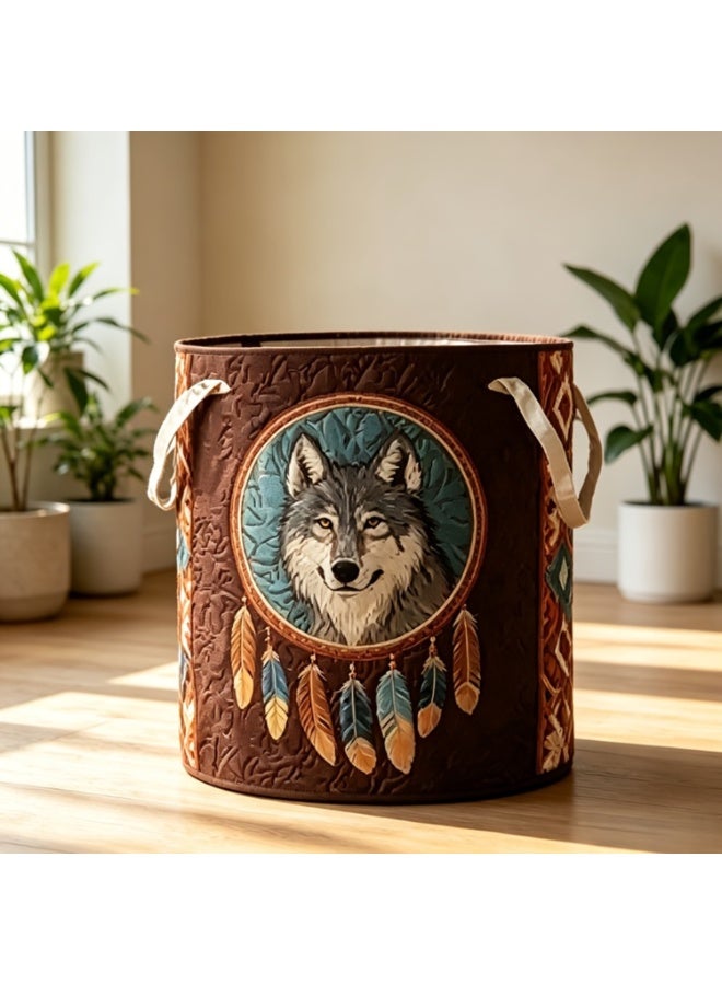 Wolf And Lion Quilted Laundry Basket – Bohemian Style – Gift For Mom – Rustic Storage Bin (Suitable For Dirty Laundry Or Home Organization) - Image 2