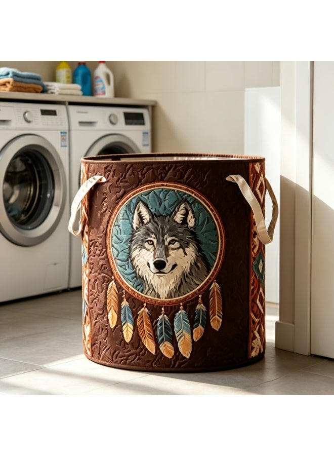 Wolf And Lion Quilted Laundry Basket – Bohemian Style – Gift For Mom – Rustic Storage Bin (Suitable For Dirty Laundry Or Home Organization) - Image 4