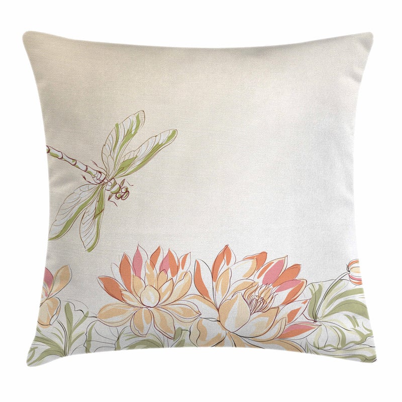 Ambesonne Ambesonne Dragonfly Throw Pillow Cushion Cover  Lotus Flower Field with Dragonfly Flying Oriental Blooms Print  Decorative Rectangle Accent Pillow Case  26"" X 16""  Cream Peach Coral  - Image 1