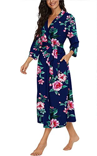 VINTATRE Women Kimono Robes Long Knit Bathrobe Lightweight Soft Knit Sleepwear V-neck Casual Ladies Loungewear FP-Navy Blue-Medium - Image 2